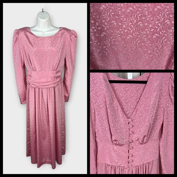 80s Cocktail Wedding Dress 0/XXS Pink Shiny Floral Satin Brocade Pleated buttons - Picture 1 of 8
